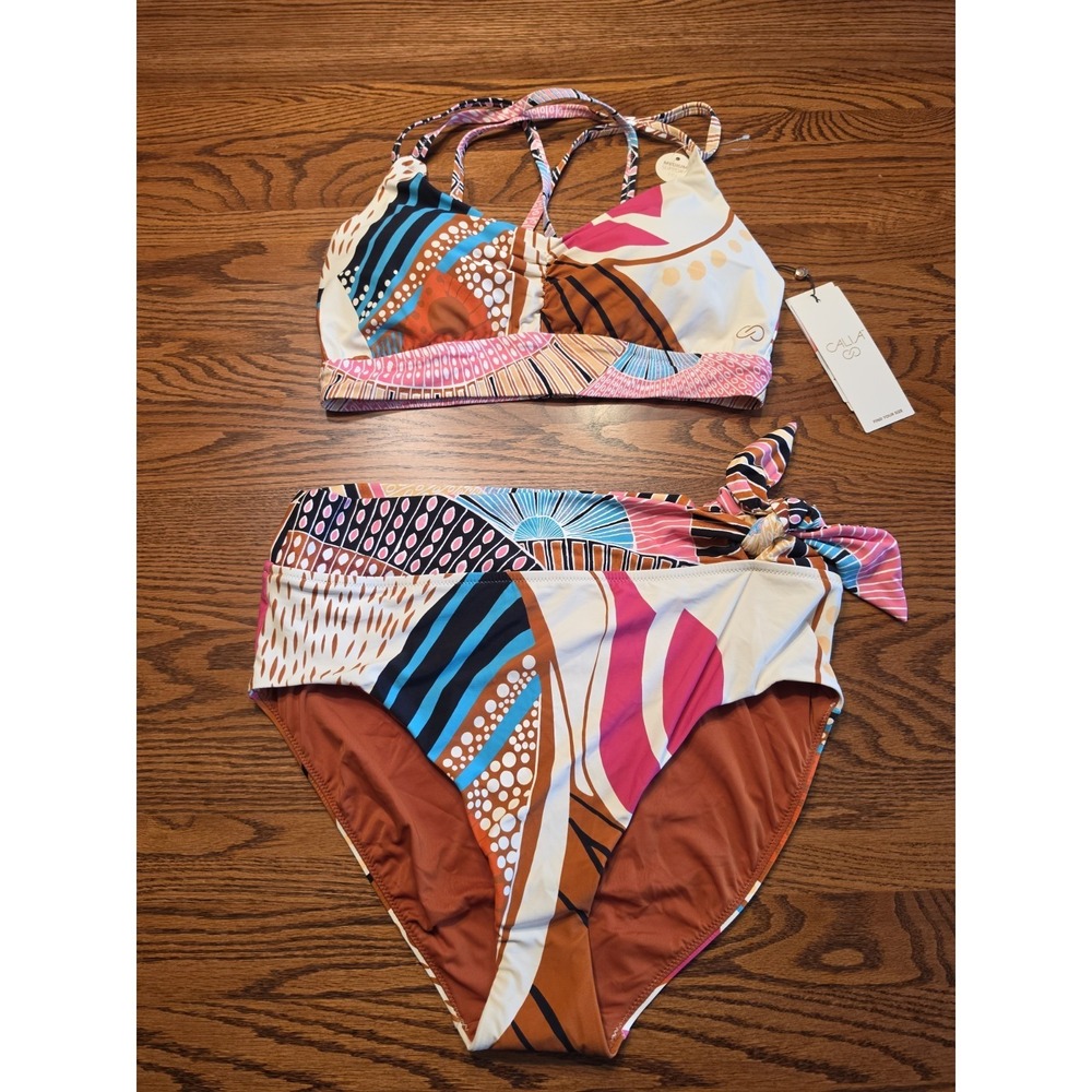 NWT Calia Ruched Front Cross Back Bikini Swimsuit Set Sz Large Abstract Multi